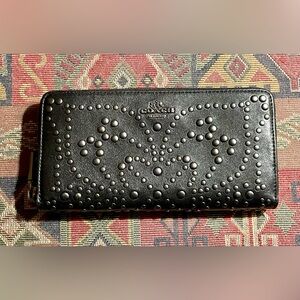 COACH Black Leather Mini Stud Zip Around Wallet-“Butterfly”.